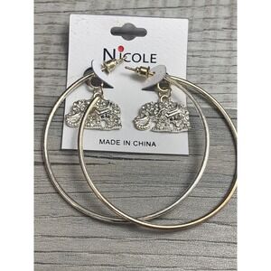 Nicole Silver Tone Rhinestone Elephant Charm Hoop Earrings Post Back New